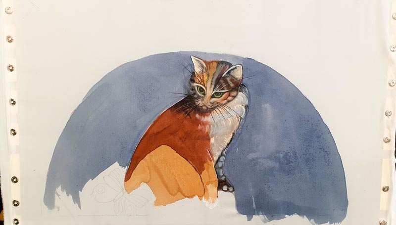 abanico de seda con gato pintado a mano